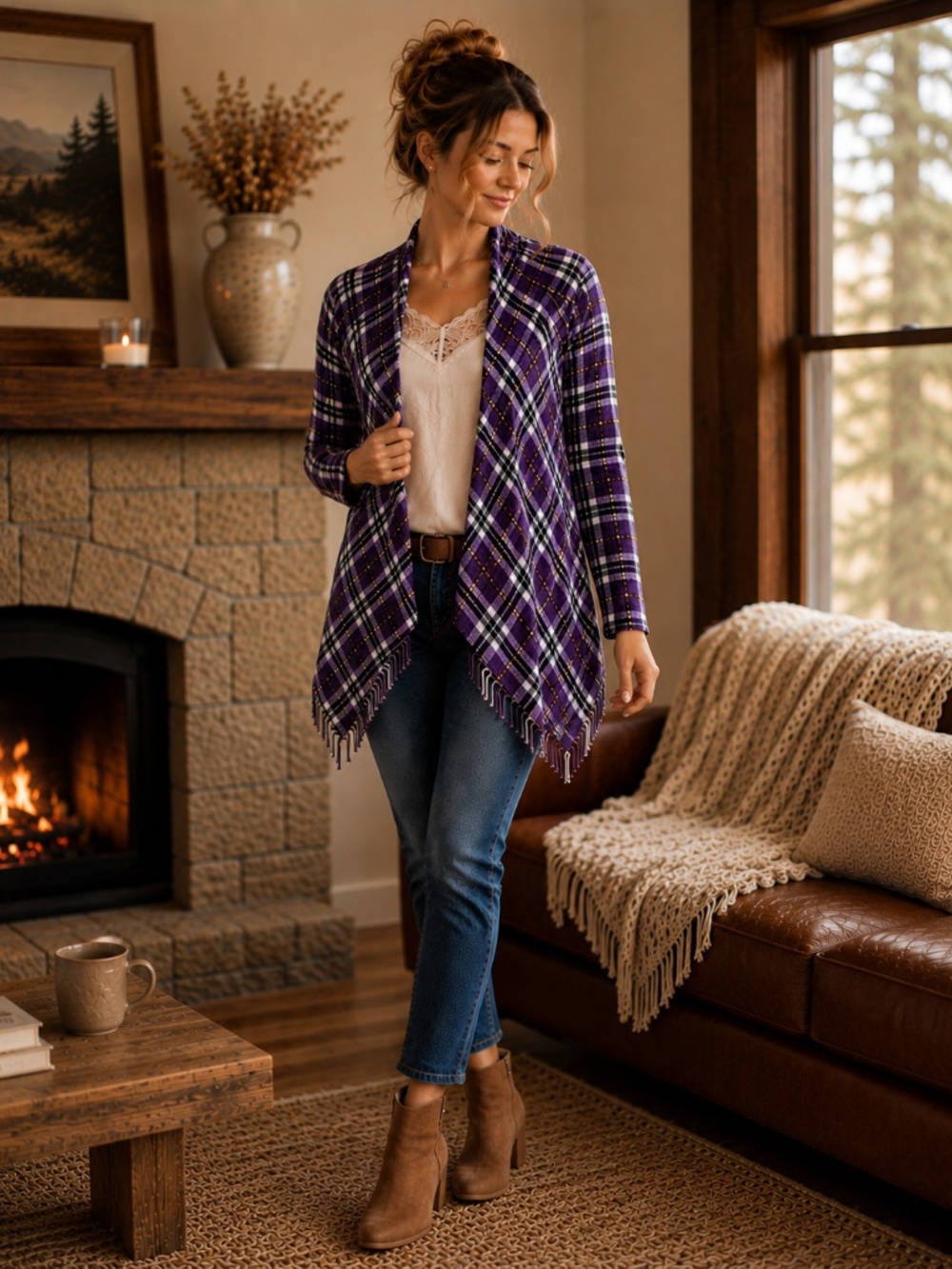Natural Reflections Purple Plaid Fringe Cardigan Jacket M